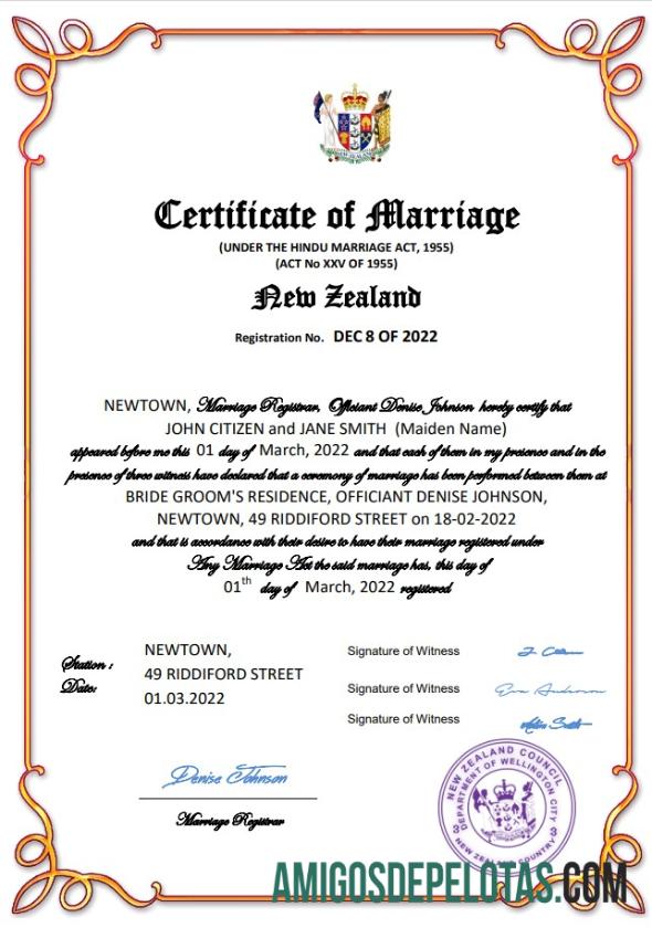 Realista modelo Word e PDF de certidão de casamento na Nova Zelândia